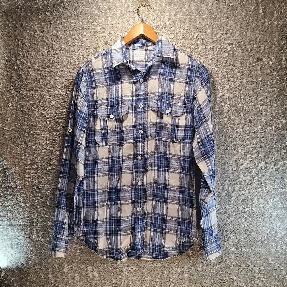 J. Crew Baird McNutt Men's Plaid Shirt Roll Tab Sleeve XS Irish Linen Pockets
